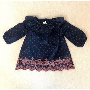 BabyGap Navy & Pink  Print Dress With Embroidered Hem Ruffle Neck 6-12M Cotton
